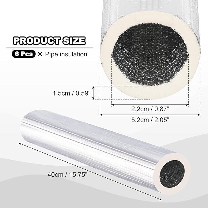 PATIKIL 1.3ft Length 22mm(7/8") ID 52mm OD Pipe Insulation Foam Tube, 6 Pcs 15mm Thick Self Adhesive Pipe Freeze Protection Wrap with Aluminum Foil for Outdoor Water Pipe HVAC System