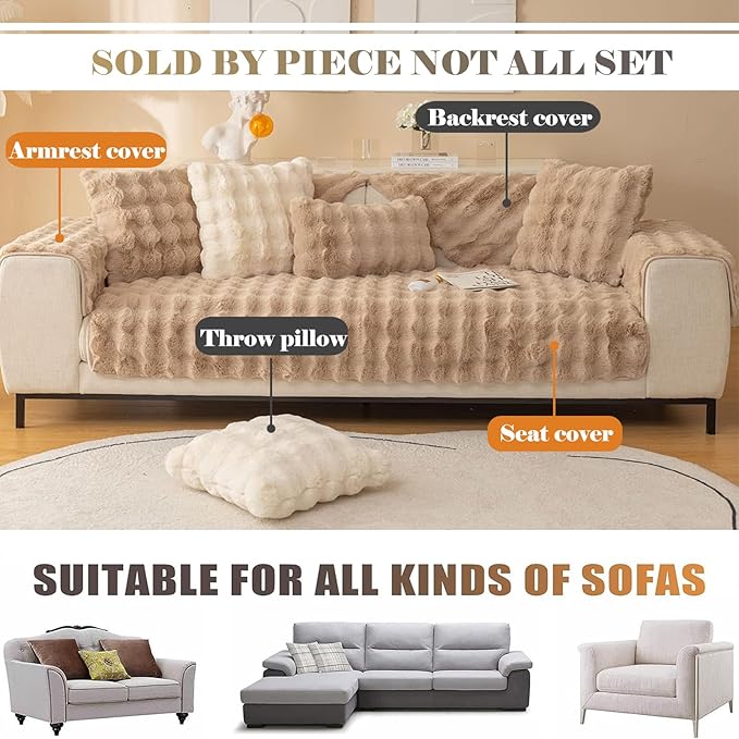 Soft Warm Faux Fur Couch Sofa Cover Thick Shaggy Fuzzy Sectional Couch Cover Non-Slip Solid Color Plush Sofa Slipcover Furniture Protector for Kids, Pets (Coffee,28"x59")
