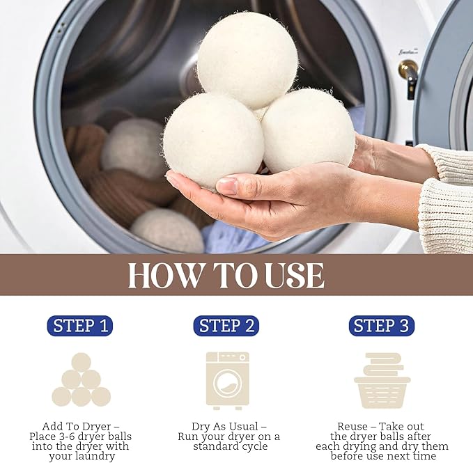 Wool Dryer Balls, New Zealand Dryer Balls Laundry Reusable Reduce Static Cling, Dryer Ball to Reduce Wrinkles & Shorten Drying Time, Drying Balls Fabric Softener Ball for Laundry（Pack of 6 XL)