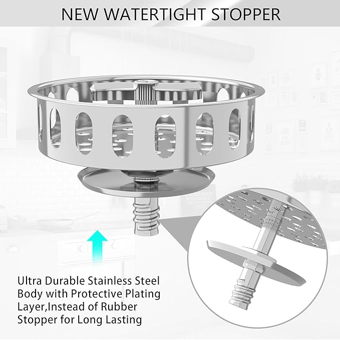 Kitchen Sink Drain 3-1/2 Inch Kitchen Sink Strainer Assembly with T-Shaped Strainer Basket and Drain Stopper for Standard Sink Brushed Stainless Steel