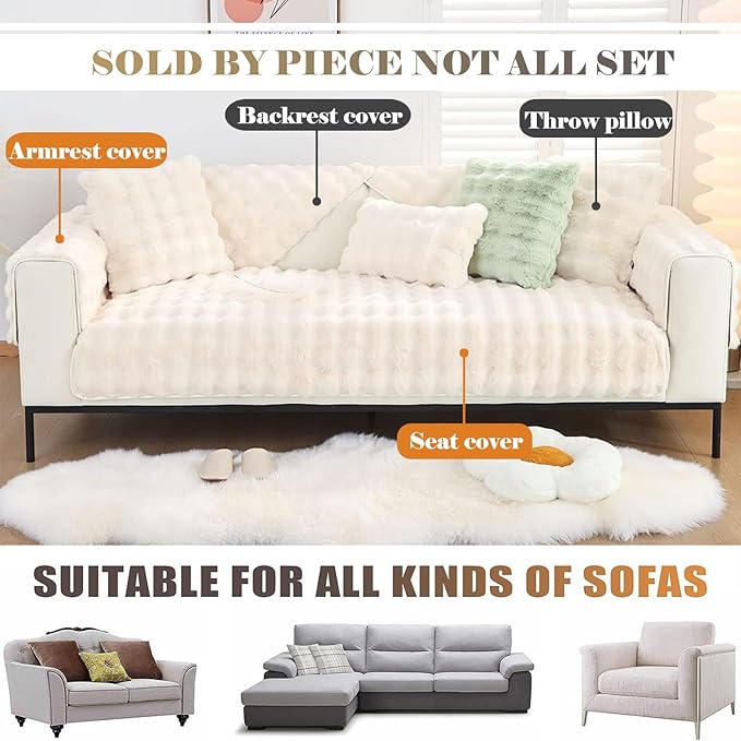 Soft Warm Faux Fur Couch Sofa Cover Thick Shaggy Fuzzy Sectional Couch Cover Non-Slip Solid Color Plush Sofa Slipcover Furniture Protector for Kids, Pets (Cream,36"x63")