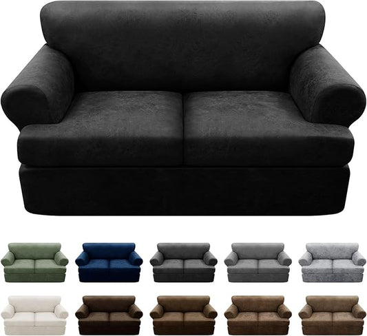 3-Pieces T Cushion Loveseat Slipcovers Leather Look Couch Cover Loveseat Covers for 2 Cushion Couch Furniture Protector Stretch Sofa Cover with 2 Individual T Cushion Seat Covers, Black