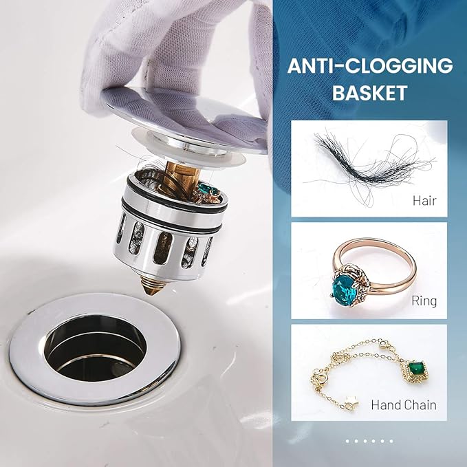 Bathroom Sink Drain with Detachable Hair Catcher Basket, Pop Up Drain Stopper with Overflow Anti-Clogging Vanity Vessel Sink Drain, Polished Chrome 2 Pack All Metal, RM083H-P2