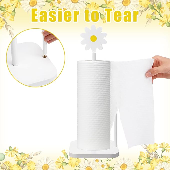 Leinuosen White Daisy Paper Towel Holder Coquettish Cute Wooden Daisy Kitchen Paper Towel Holder Bathroom Countertop Accessories Kitchen Roll Stand Organizer Standing Apartment Decor Housewarming Gift