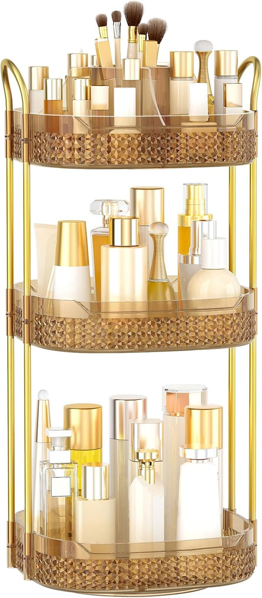 Rotating Makeup Organizer for Vanity 3 Tier, Perfume Organizer with Makeup Brush Holder, Large Capacity Cosmetics Clear Skincare Organizer for Countertop (Pink)