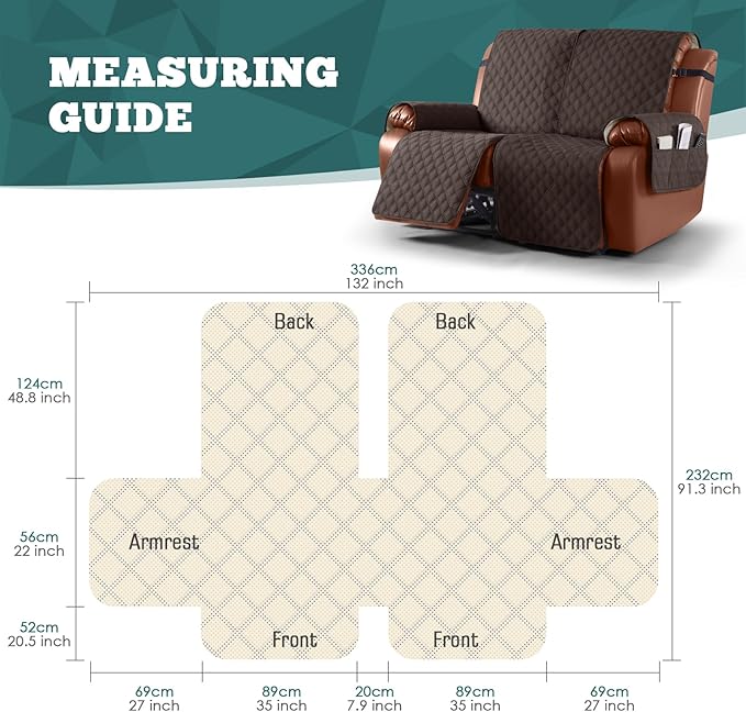 Ruaozz Waterproof Recliner Sofa Covers, 1-Piece Couch Covers for Reclining Couches Reclining Couch Cover Washable Furniture Protector with Elastic Straps Pocket for Kids Pets (Chocolate, XL 2 Seater)