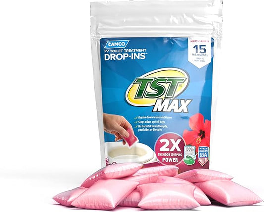 Camco TST MAX RV Toilet Treatment Drop-INs - Control Unwanted Odors & Break Down Waste and Tissue - Safe Septic Tank Treatment - Hibiscus Breeze Scent, 15-Pack (41600)