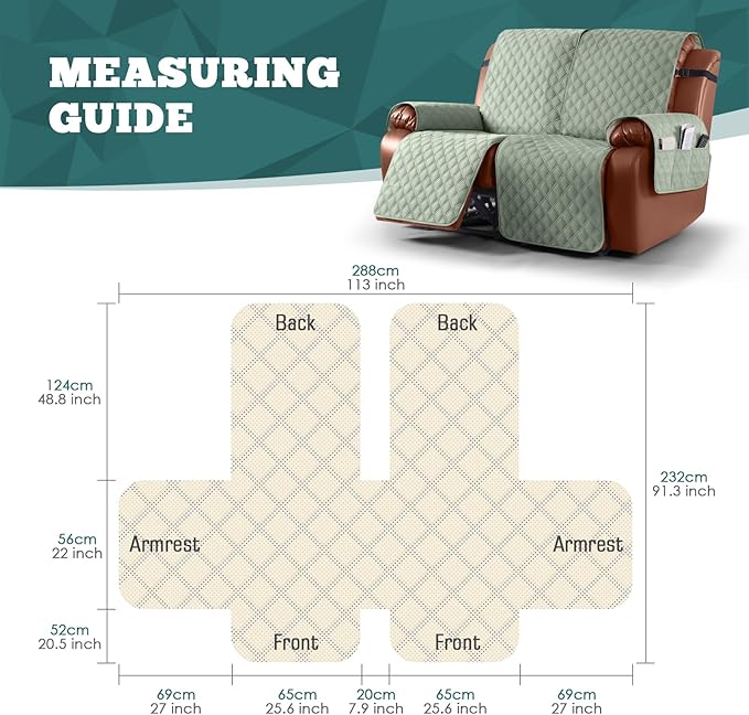 Ruaozz Waterproof Recliner Sofa Covers, 1-Piece Couch Covers for Reclining Couches Reclining Couch Cover Washable Furniture Protector with Elastic Straps Pocket for Kids Pets (Sage Green, 2 Seater)