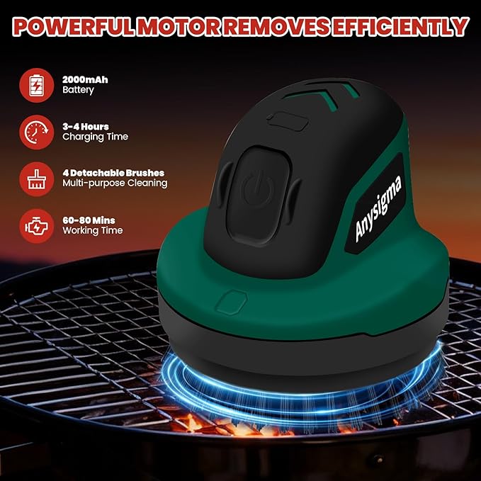 Electric Grill Brush- Waterproof Cordless Rotary Cleaning Brush with 4 Heads for Outdorr Grill,Car,Bathroom