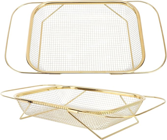 JTLB Over The Sink Colander Strainer Basket Stainless Steel for Kitchen Sink with Handles Fine Mesh Expandable Kitchen Essentials Rectangle (Gold)
