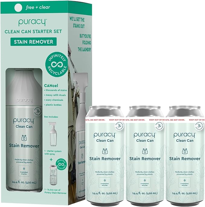 Puracy Laundry Stain Remover Clean Can Bundle - Starter Set and 3 Pack Refill, Fabric Stain Remover for Clothes Laundry, Active Enzyme Stain Treater - Free & Clear