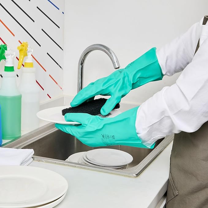 Restaurantware Green Cleaning Gloves 10 Pairs 15 Mil Thick Extra Large Heavy-Duty Nitrile Gloves With Long Cuff No-Latex Flock Lining For Use In Hospitals, Commercial Kitchens and Households