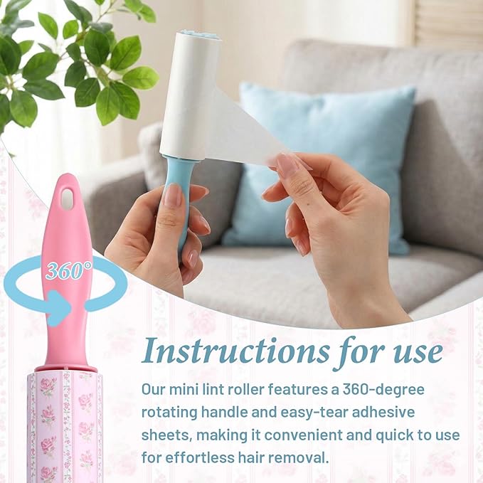 Zhehao 24 Pcs Mini Lint Rollers for Pet Hair Travel Size Clothes Sticky Lint Removers Blue Pink Roller Hair Removal Tools for Dog, Cat, Furniture, Travelers, Pet Owners