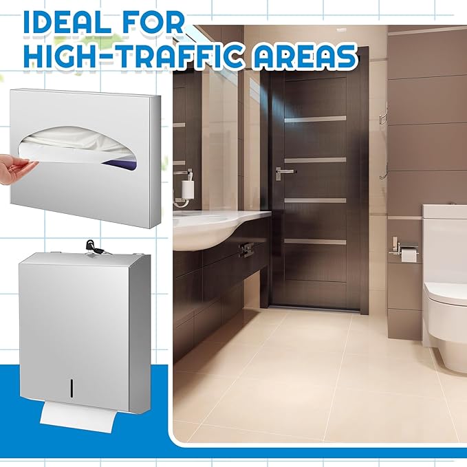 2 Pack Commercial Stainless Steel Toilet Seat Cover & Paper Towel Dispenser Wall Mounted | for Restaurant, Office, Hospital & Public Restroom
