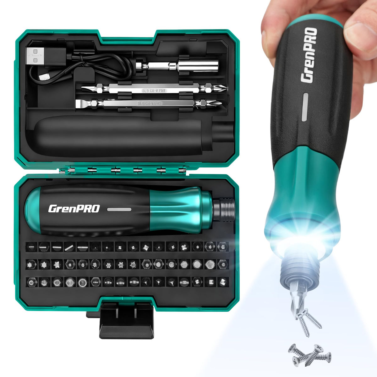 4V Cordless Electric Screwdriver Set, 51 Magnetic Bits, LED Light - Image 1