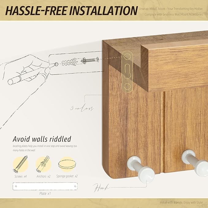 Rebee Vision Decorative Key Holder Wall Mount - Modern Farmhouse Key and Mail Holder for Wall with 7 Hooks and Floating Shelf - The Perfect Apartment Essentials in Your Home Decor (Light Brown)