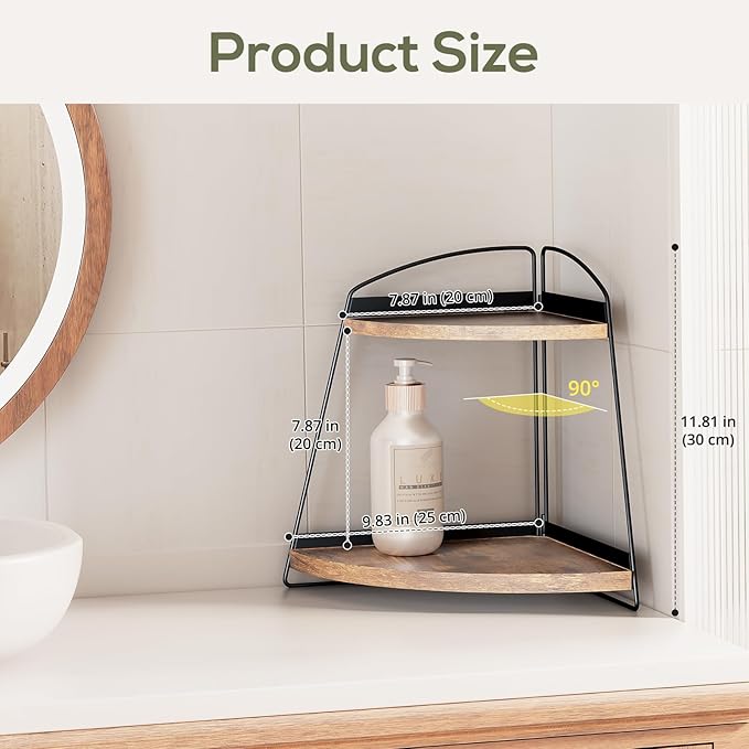 Puricon Bathroom Counter Organizer, 2 Tier Corner Countertop Storage Shelf Bathroom Sink Organizer, Wood Triangle Organization for Skincare Kitchen Vanitity -Brown, 2 Pack