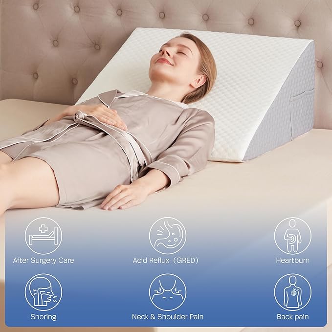 Wedge Pillow, 12" Wedge Pillow for Acid Reflux, Back Pain Relief, Cooling Memory Foam Top, Bed Wedge Pillows for Headboard, Sleeping, Snoring, Back Support, After Surgery.
