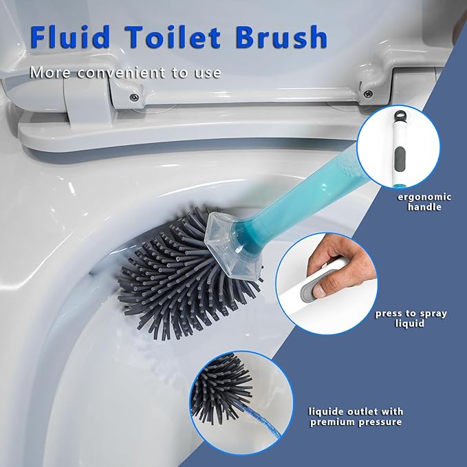 Silicone Toilet Brush and Holder Set, 2 Packs Bendable Toilet Scrubber for Curved Rim, Non-Scratch Drip-Resistant Brush with Sprayer, Space Saving Bathroom Essentials (2)