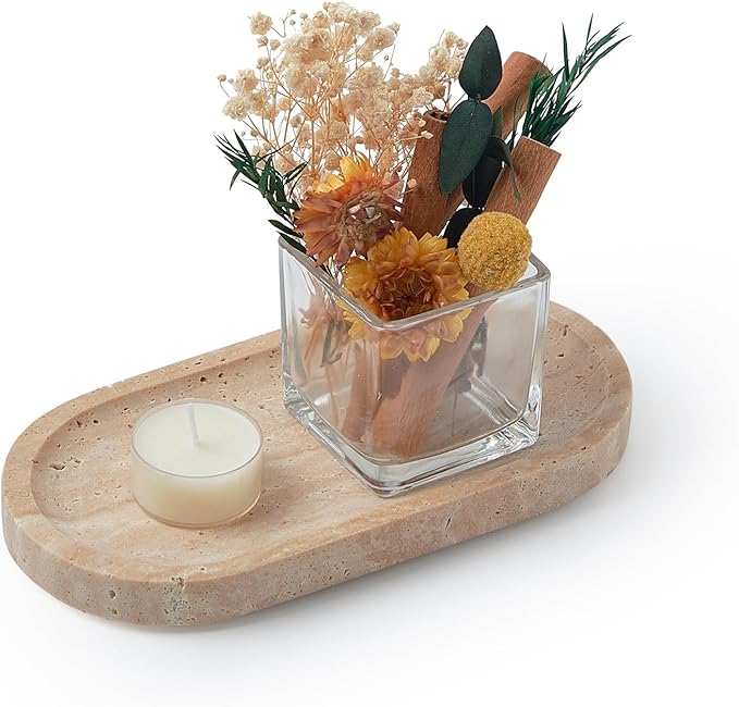 Travertine Tray, Marble Tray for Bathroom countertop,Non-Ceramic/Non-Resin，Stone for Storing Perfume, Cosmetics and Jewelry 8 * 4.7inch （Travertine）