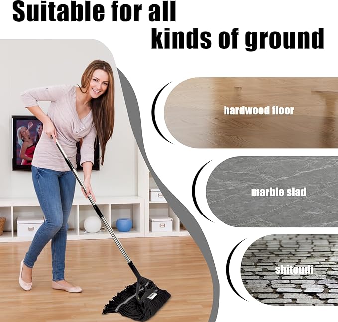 Commercial Cotton Mop Heavy-Duty Industrial with 2 Replacement Heads 152 cm Handle Replacement mop Head (Black)