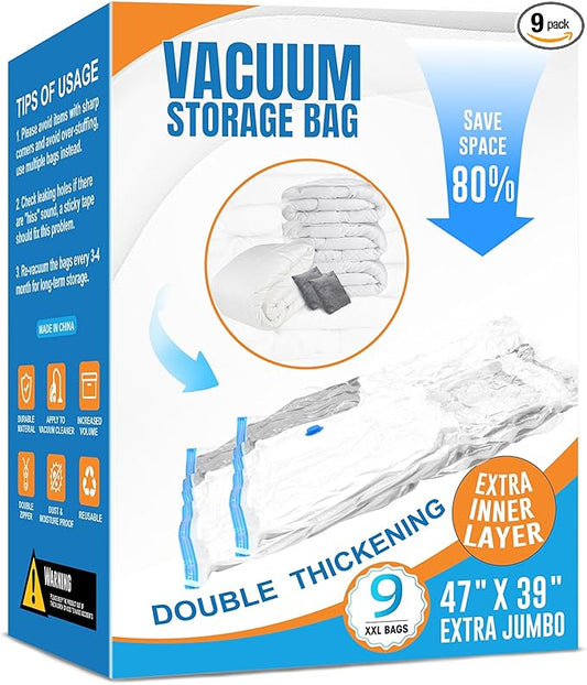 9 Pack XXL Jumbo Vacuum Storage Bags, Double-layer Design Leak-proof and Puncture-resistant, Extra Large Space Saver Vacuum Seal Bags for Comforters, Bedding, Blankets, Huge Stuffed Toy (47.2x39.4 in)