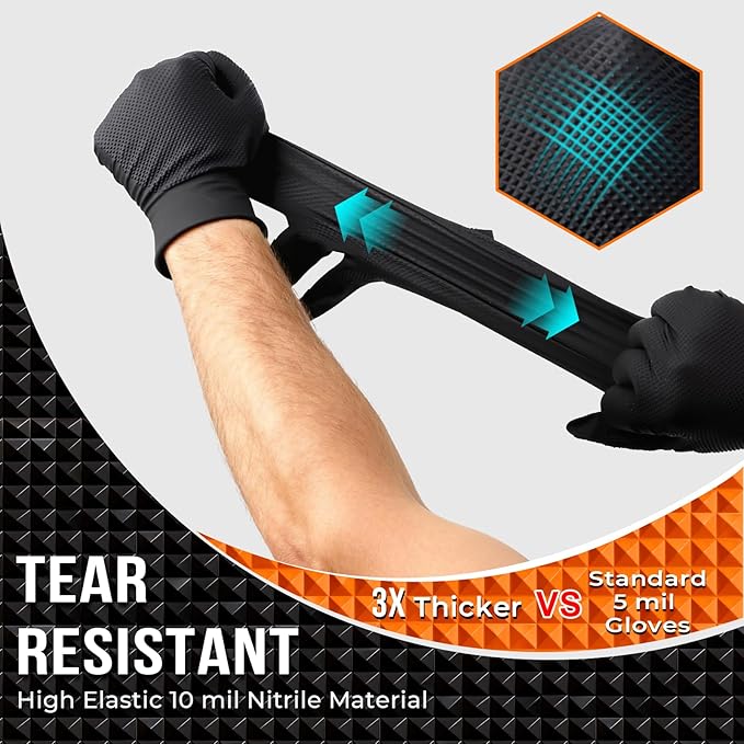 10 Mil Nitrile Disposable Gloves Heavy Duty Mechanic Gloves Raised Diamond Texture Thick (Black of 1000, Large)