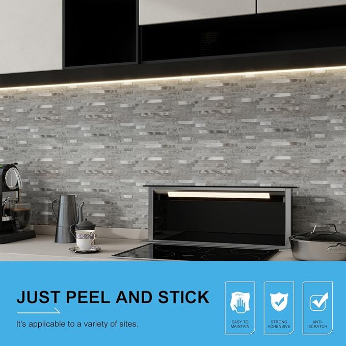 Peel and Stick Backsplash Tiles for Kitchen, 10 Sheet Waterproof PVC Marble Wall Tiles, Self Adhesive Easy DIY Stick On Backsplash for Bathroom RV Laundry Room, Grey Slate, 9.2 Sq Ft