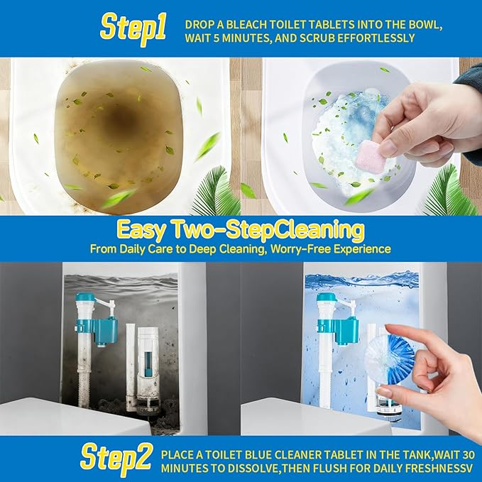 24 PACK Toilet Cleaning Tablets Set - 8 Effervescent Toilet Bowl Cleaners Tablets + 16 White Blue Toilet Tank Tablets, Double-Action Formula for Stain, Water Deposit Removal