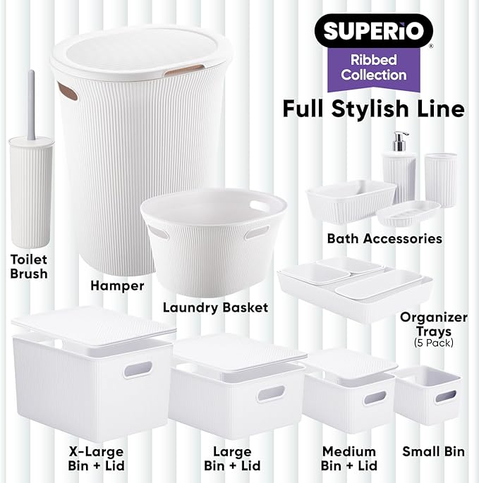 Superio Ribbed Collection - Decorative Plastic Basket Open Home Storage Bins Organizer, Medium White (1 Pack) Container Boxes for Organizing Closet Storage Bins for Shelves Drawer Shelf 5 Liter