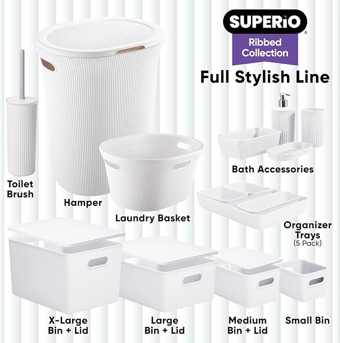 Superio Ribbed Collection - Decorative Plastic Basket Open Home Storage Bins Organizer, Small White (2 Pack) Container Boxes for Organizing Closet Storage Bins for Shelves Drawer Shelf 1.5 Liter