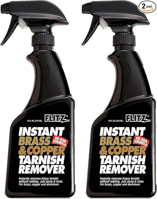 Flitz Instant Brass and Copper Tarnish Remover - 16oz Bottle of USA-Made Organic Rust Remover Spray (No-Rub) - Removes Stains & Oxidation from Glass & Aluminum - Brass Cleaners That Work (2 Pack)