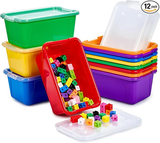 GAMENOTE 6 Quart Storage Bins with Lids,12 Pack Rainbow Plastic Latching Box for Classroom&Kids Toy Storage Opaque Stackable Shoe Box Size Containers for STEM Morning Tubs, Crafts & Building Blocks
