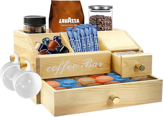 Coffee Station Organizer - Farmhouse Wood Kcup Holder for Counter, Countertop Snack Organizer with Hanging Handles, Suitable for Snacks, Coffee Capsules, Syrups and Various Accessories（Wood）