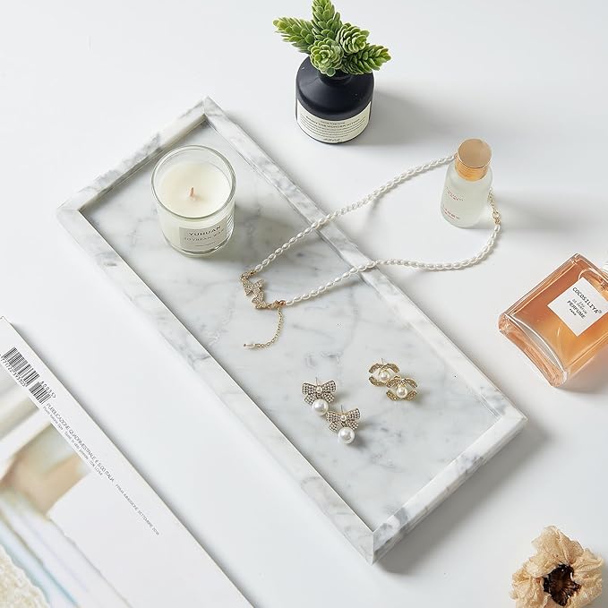 Natural Small Marble Vanity Tray, Luxury Stone Organizer for Bathroom & Kitchen | Holds Soap Dispenser, Jewelry, Perfume | Non-Resin, Non-Ceramic Décor (White, M (11.8" x 5.1" x 0.78"))