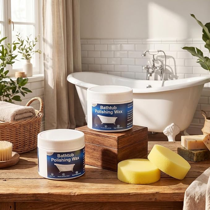 2 Pack Bathtub Polishing Wax 7 oz Per Bottle with Two Sponges Wall and Tub Stain Cleaner Wax for Porcelain Fiberglass Tubs Removes Watermark Scum Repellent