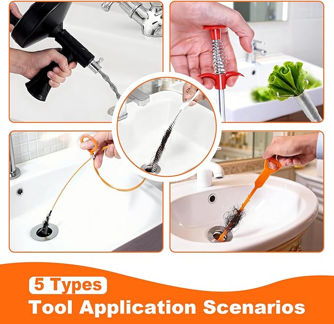33 ft Snake For Drain,Plumbing Snake, Heavy Duty Flexible Hair Clog Remover Drain Snake Tool for Shower, Bathroom, Bathtub and Kitchen Sink Pipes (Black)