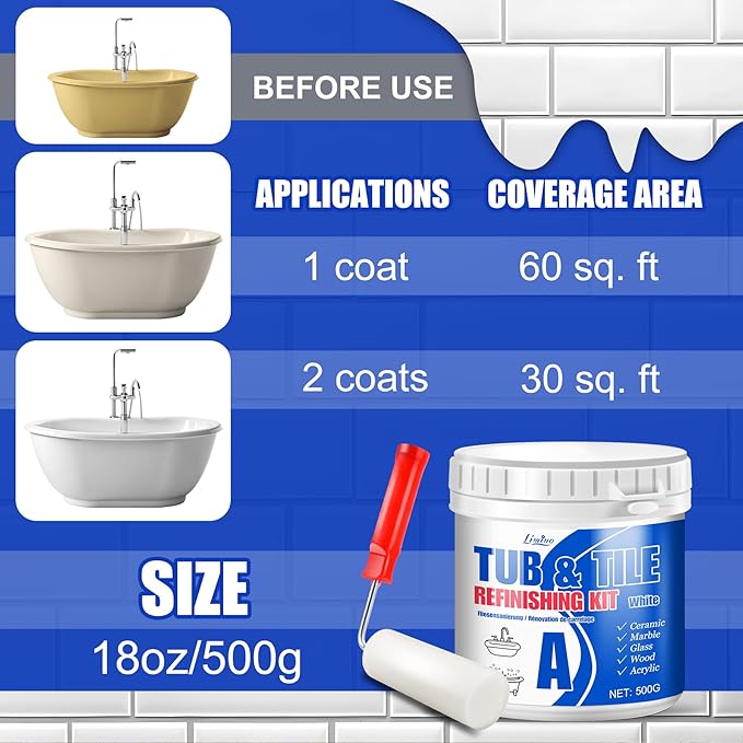 Tub and Tile Refinishing Kit - 17oz Semi-Gloss White Tile Paint with Tools for Bathtub Sink Countertop for Bathroom Kitchen, Bathtub Paint for Ceramic, Porcelain Fiberglass, Low Odor, 25-30 sq.ft