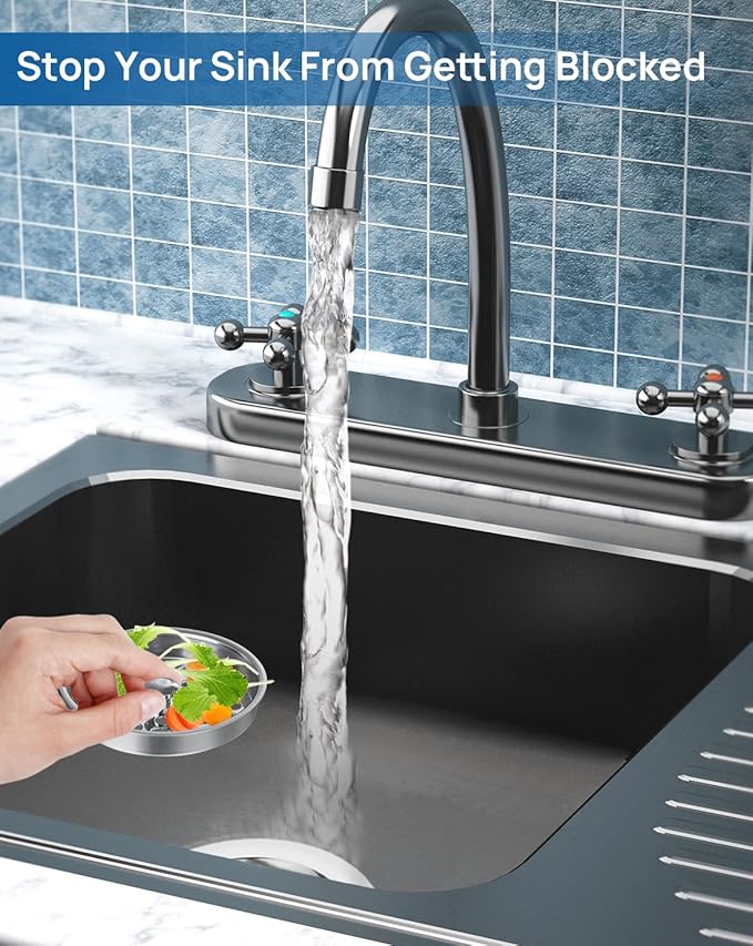 3 PCS Commercial Kitchen Sink Strainer Basket Replacement for 3-1/2 sink drain assembly–304 Stainless Steel Drain Filter, Flat Cover Basket for Food Scraps, Prevents Clogs, Heavy-Duty