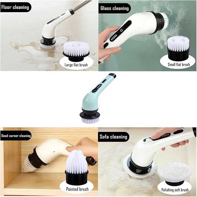 Electric Spin Scrubber, Multi-Purpose Cleaner,9 in 1 Electric Spin Scrubber,Cordless Cleaning Brush with 9 Replaceable Heads,Cordless Shower Scrubber,Adjustable and Detachable Handle(Green)