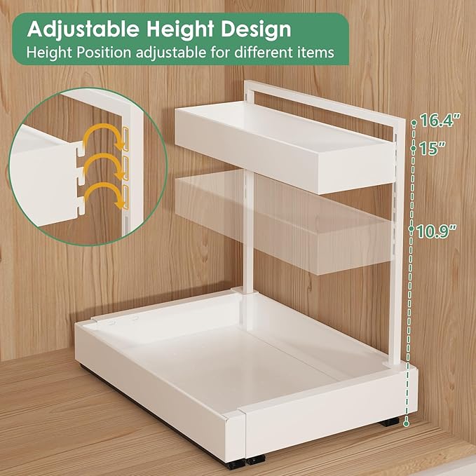 Expandable Under Sink Organizer, 2-Tier Under Cabinet Organizer, Height Adjustable Pull Out Rack for Kitchen Bathroom Laundry, White, 1 Pack