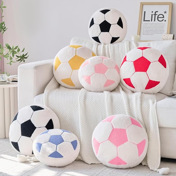 Soccer Pillow,15" Soccer Shaped Pillow Floor Cushion Seating Cushion with Faux Rabbit Fur,Round Soccer Throw Pillow Room Décor for Sofa Couch Living Room (Dusty Blue)