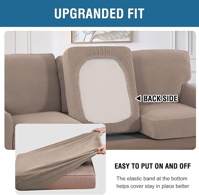 H.VERSAILTEX Multi-Pieces Chair Covers Stretch Couch Covers Form Fitted Seat and Back Cushions Covers (1 Seat Cover Plus 1 Back Cusion Cover, Bonus 2 Armrest Covers), Sand