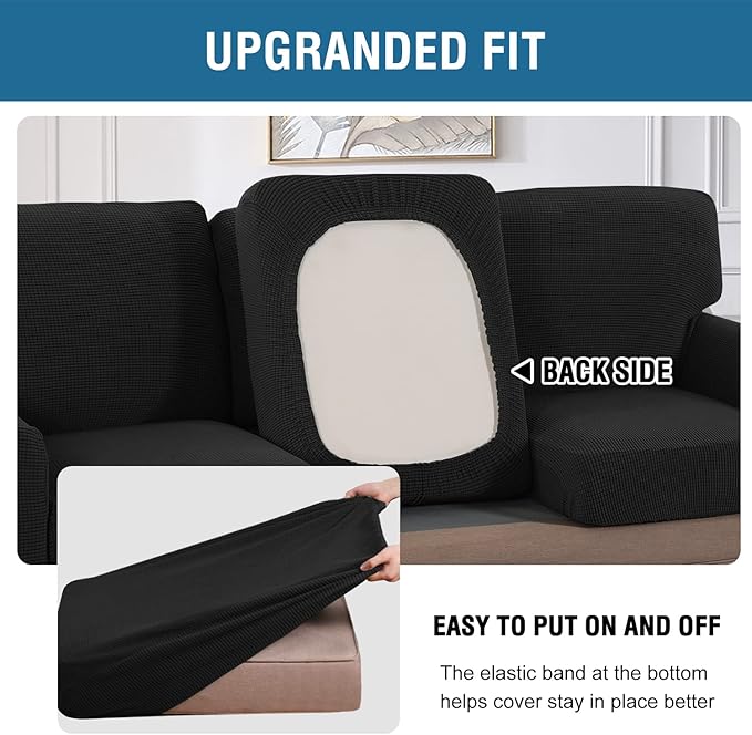 H.VERSAILTEX Multi-Pieces Sofa Covers Stretch Couch Covers Form Fitted Seats and Back Cushions Covers (3 Seat Covers Plus 3 Back Cusion Covers, Bonus 2 Armrest Covers), Black
