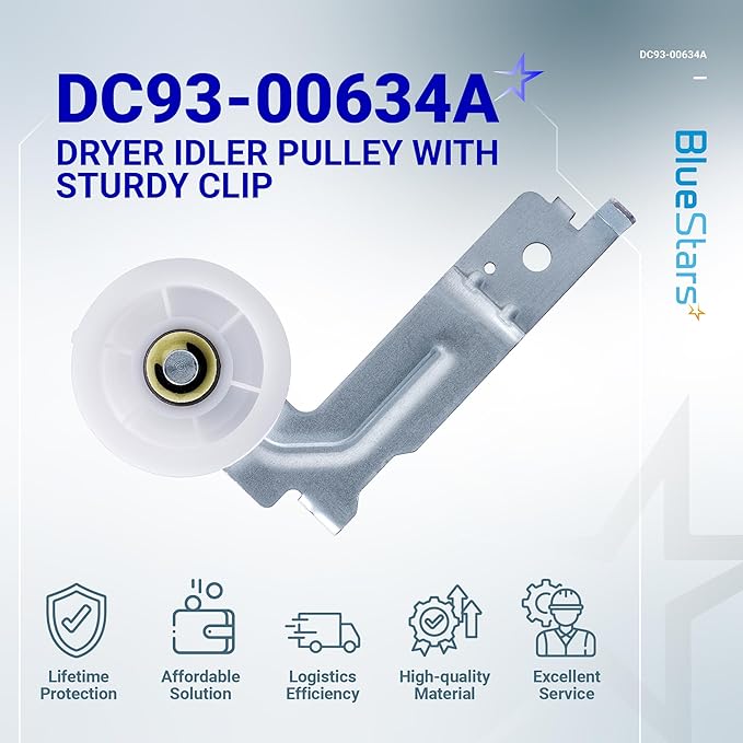 [Upgraded Dual Ball Bearings] BlueStars DC93-00634A Dryer Idler Pulley with Sturdy Clip – Compatible with Samsung Dryers DV45H7000EW DV48H7400EW DV42H5000EW DV48J7700EW DC96-00882C AP4373659