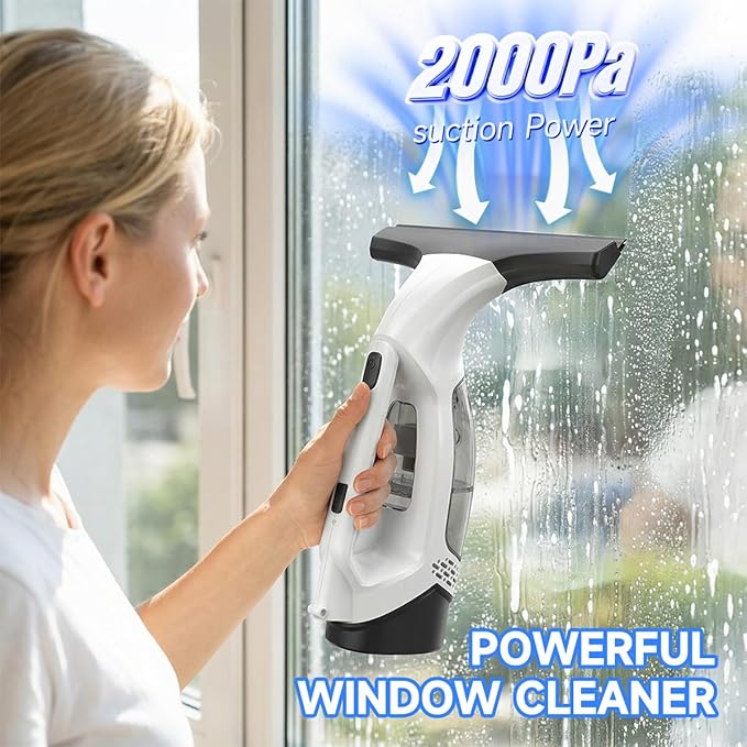 Window Vacuum Squeegee Cordless, 2000Pa Electric Window Cleaner Tool with Extension Pole Window Cleaning Kit 11" Shower Squeegee for High Windows, Shower Doors, Tile & Car Windshield
