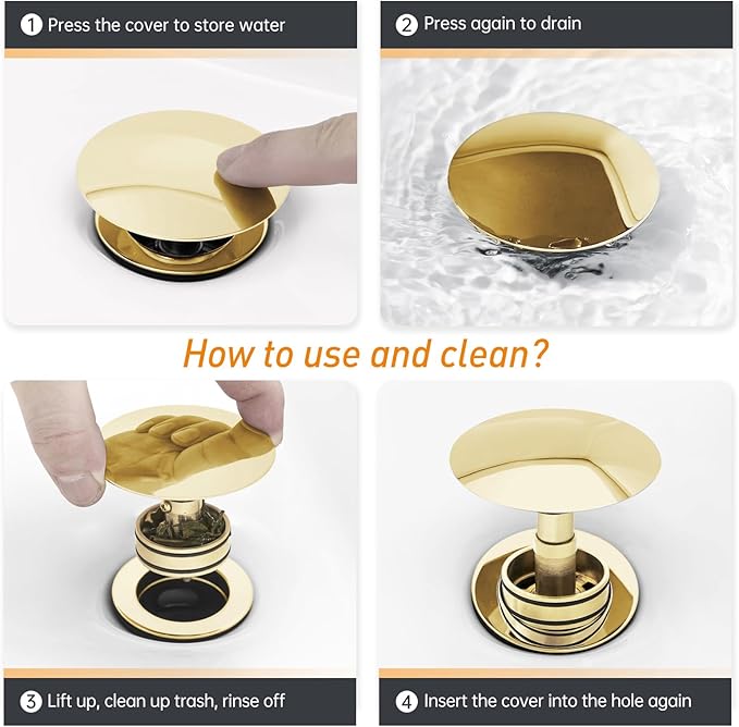 Gold Pop Up Bathroom Sink Drain with Overflow - Fits 1-5/8" to 2" Holes, 304 Stainless Steel for Vanity/Vessel Sink