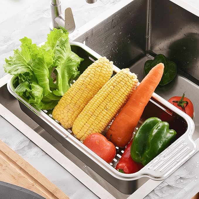 Extendable Over the Sink Colander Strainer Basket, Stainless Steel Retractable Kitchen Sink Basket - Wash Vegetables, Fruits, Drain Pasta and Dry Dishes (L)