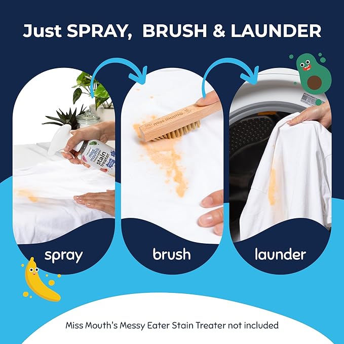 Miss Mouth's Messy Eater Stain Treater 16oz Spray & Laundry Brush - Gentle Scrub for Spot Cleaning, Pre-Treating Baby Clothes & Delicates