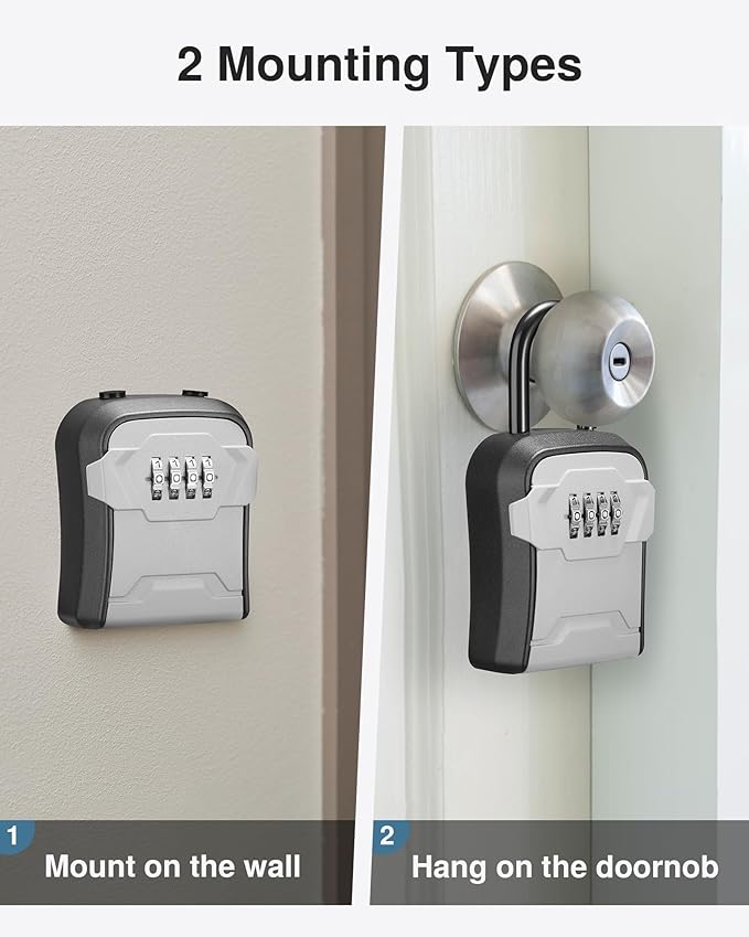 Puroma Lock Box, Key Lock Box Wall Mount & Portable Combination Lockbox with Resettable Code, Security Lockbox for Outside House Keys, Apartment Realtors Spare Keys Storage (2 Packs, Gray)